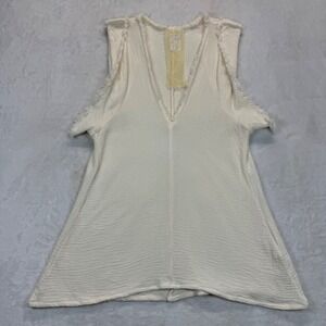 Sam Church Gauze‎ Sleeveless Top Frayed Edges V-Neck Cotton Textured Cream SS